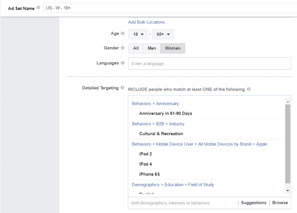 image of Facebook Ad manager targeting box, targeting people with an upcoming anniversary, who work in B2B Cultural and Recreation industries, and use iPads and iPhones.